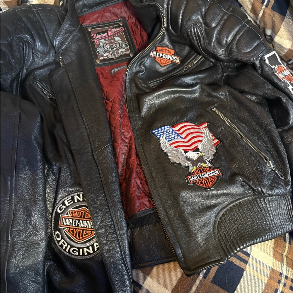 Harley-Davidson Black Leather Bomber Jacket with Patches